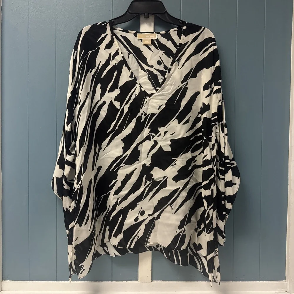 MICHAEL MICHAEL KORS Silk Black White‎ Print Semi-sheer Top Size L